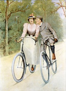 サイクリングするカップル、1893年（カラー彫刻）